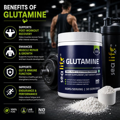 Sea Life 100% Pure L-Glutamine | Glutamine Powder, Amino Acid | Post Workout Supplement for Muscle Growth & Recovery - 250g, Unflavoured (50 Servings) For Men & Women. Pack of-1