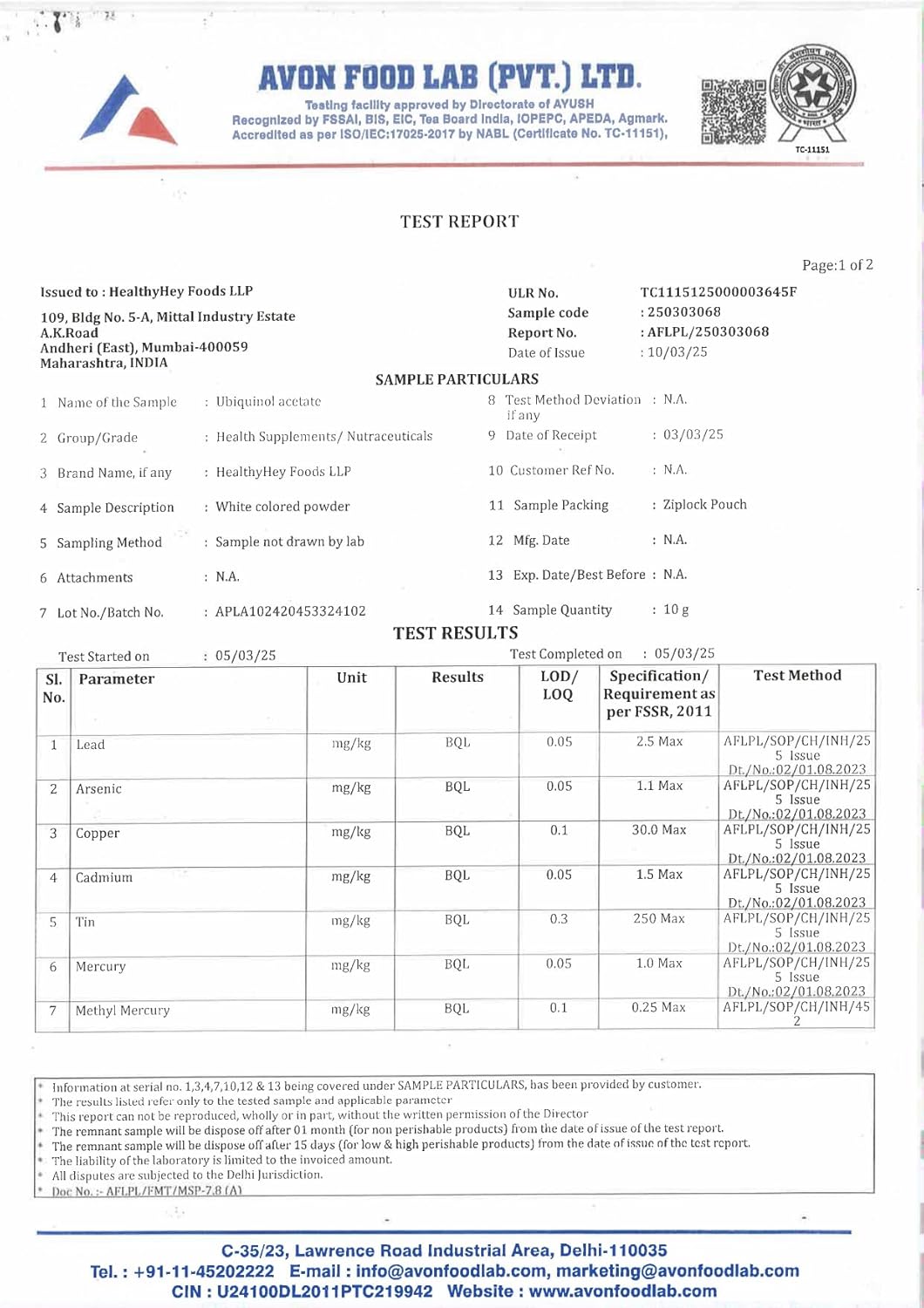 Avon Ford Lab test report with various parameters and results.