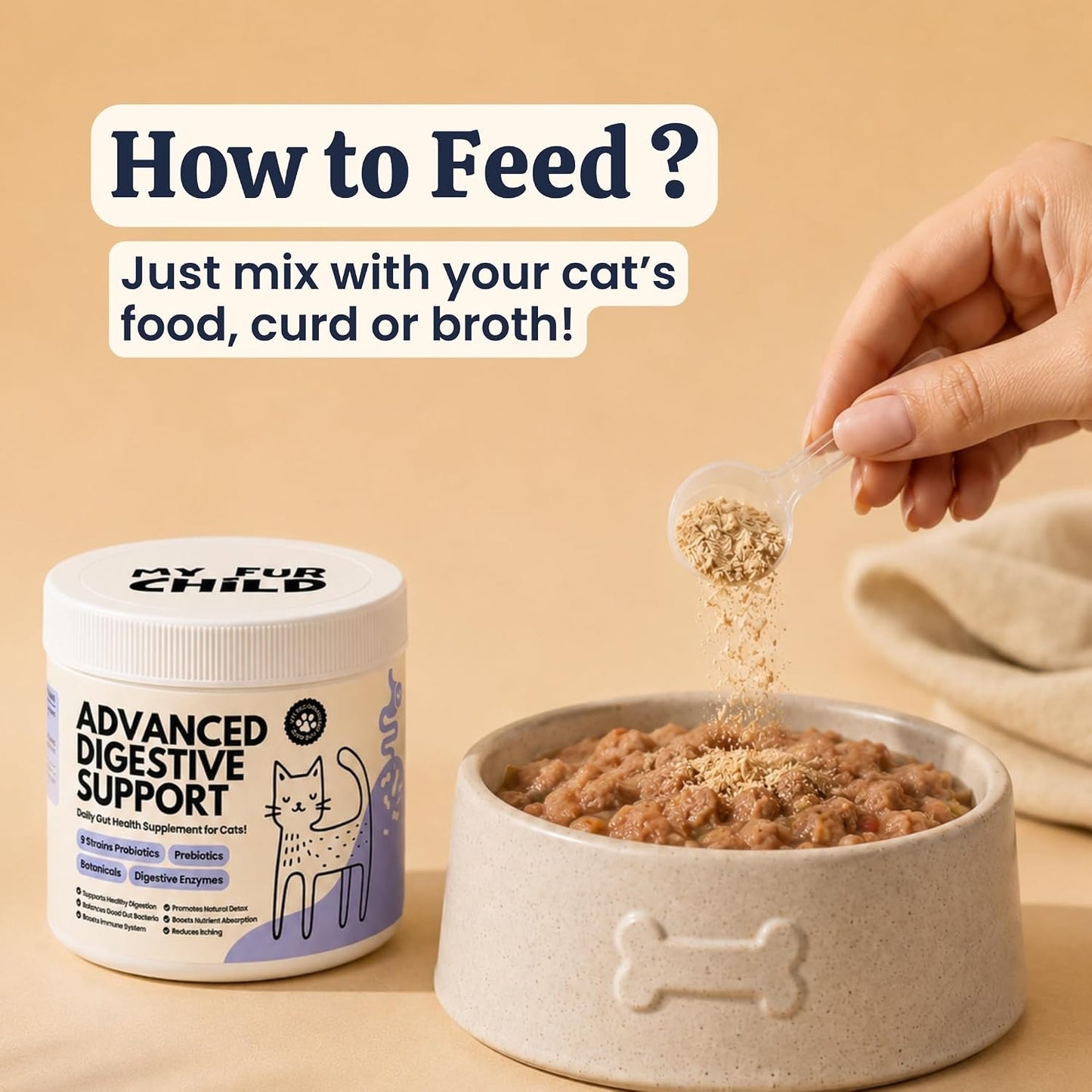 My Fur Child Advanced Digestive Formula for Cats | 3.2Bn CFU/Scoop, 9-Strain Probiotics, Prebiotics, Digestive Enzymes & Herbs | Gut Health, Immunity & Digestive Support | Lasts Up to 50 Days for Adult Cat