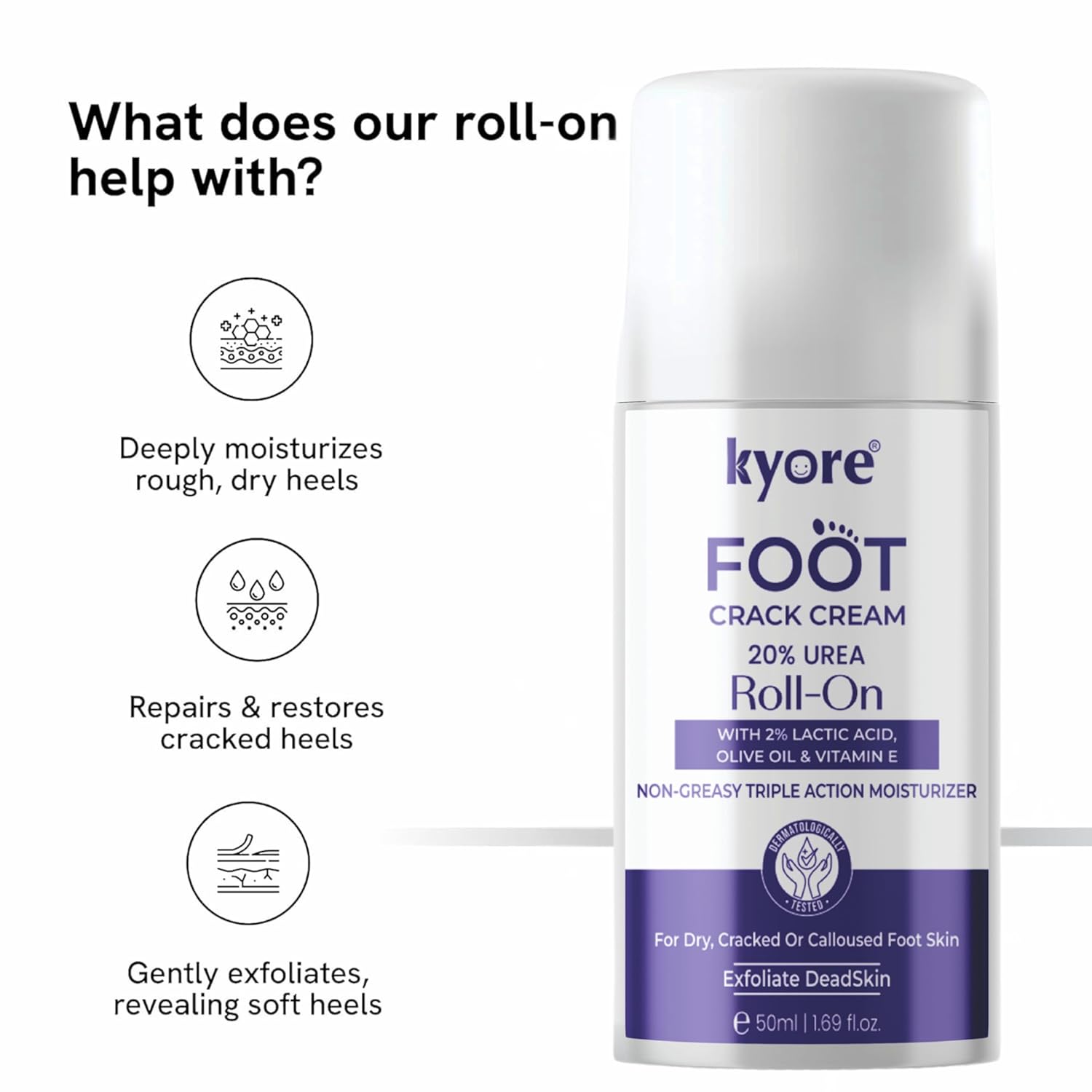 Kyore Foot Crack Cream roll-on with benefits listed on a white background