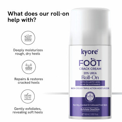 Kyore Foot Crack Cream roll-on with benefits listed on a white background