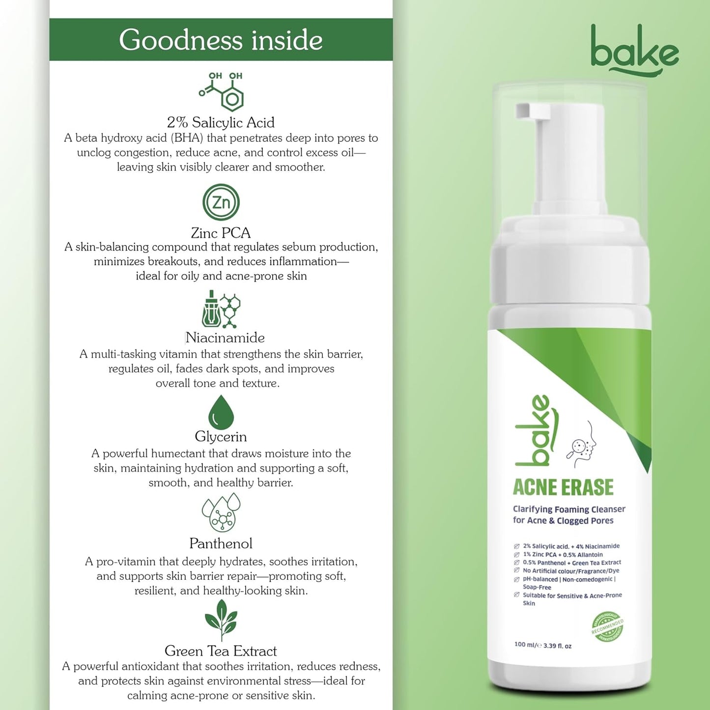 BAKE Acne Erase Foaming Face Wash with 2% Salicylic Acid & Niacinamide | Oil Control, Unclogs Pores, Clears Acne & Blemishes | Gentle Foaming Cleanser for Oily, Acne Prone & Sensitive Skin – 100ml