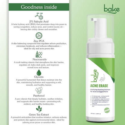 BAKE Acne Erase Foaming Face Wash with 2% Salicylic Acid & Niacinamide | Oil Control, Unclogs Pores, Clears Acne & Blemishes | Gentle Foaming Cleanser for Oily, Acne Prone & Sensitive Skin – 100ml