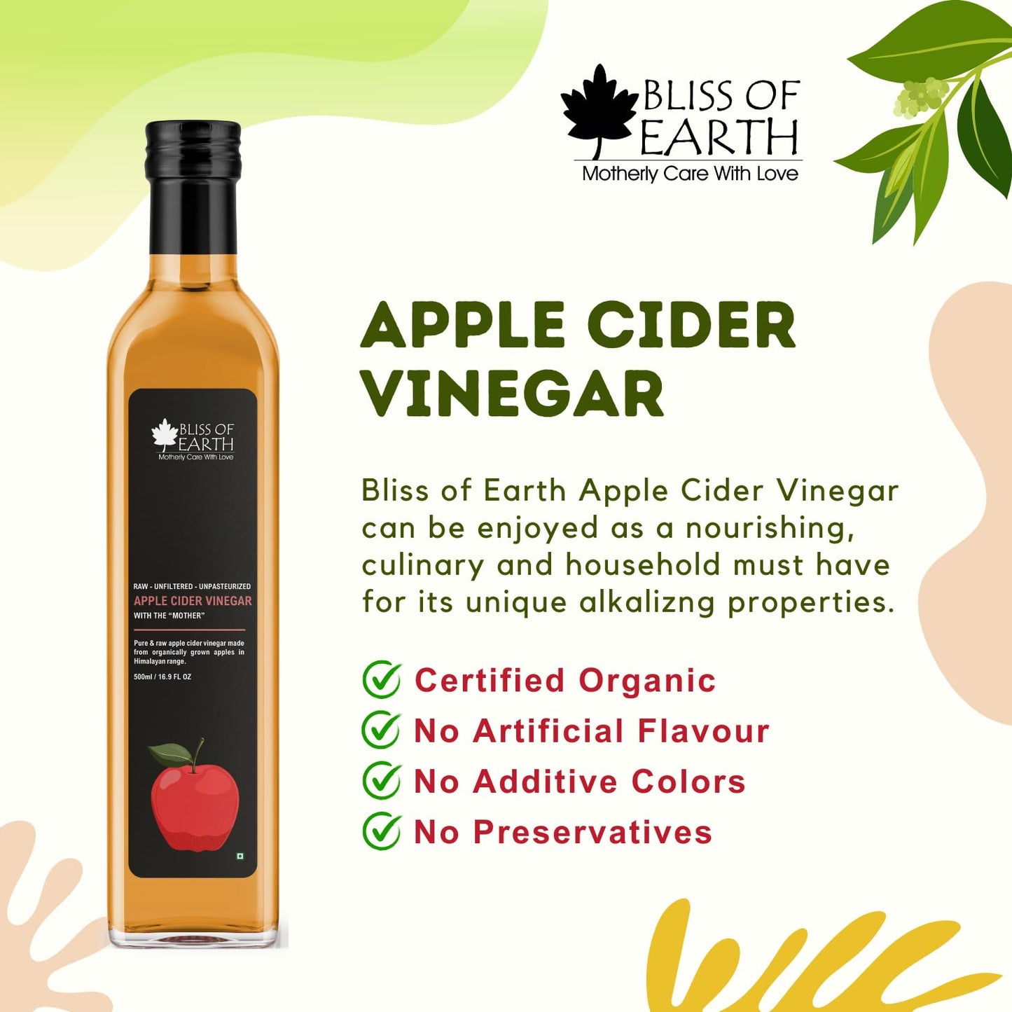 Bliss of Earth Apple Cider Vinegar With Mother, Himalayan Organically Grown Apples, Unfiltered, Raw,500 ml PET Bottle,
