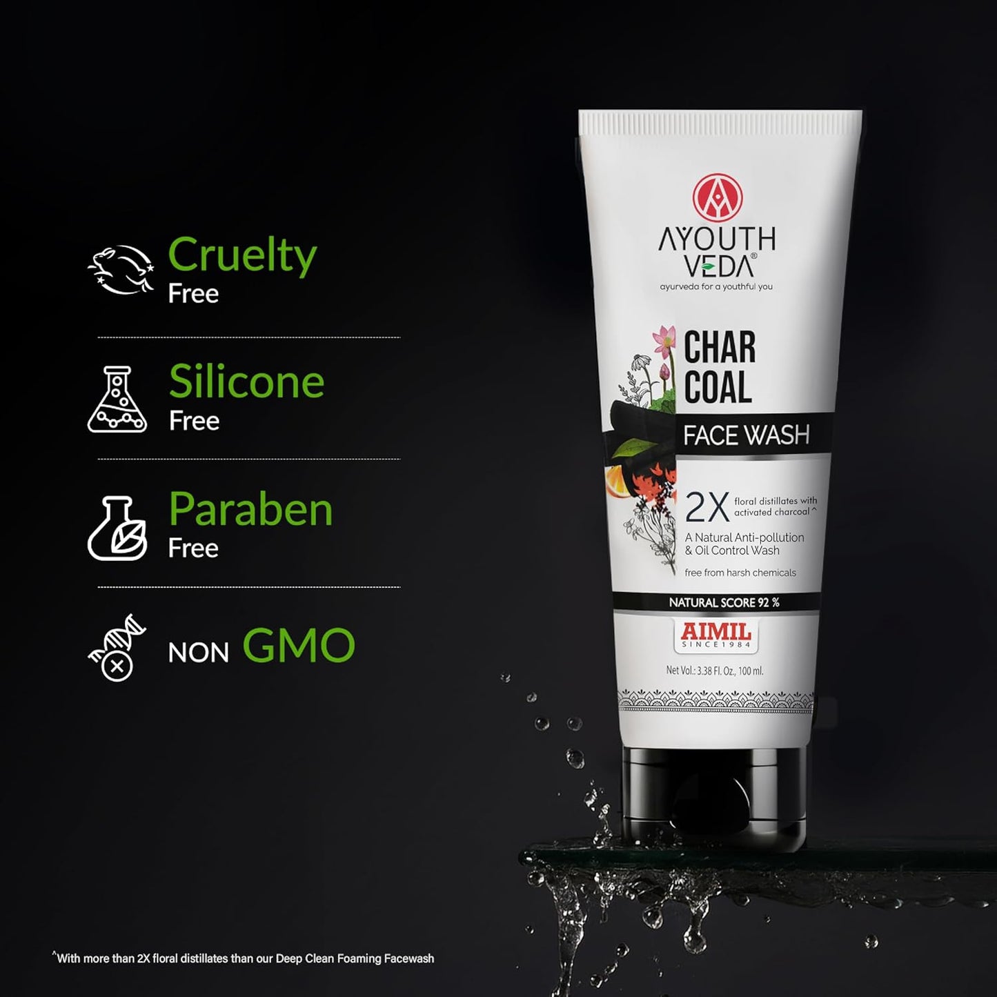 Ayouthveda Activated Charcoal Face Wash | Bamboo Charcoal & Floral Distillates | Deep Cleansing, Anti-Pollution, Oil Control & Brightening | Ayurvedic Non-Drying Cleanser | Maintains Skin Moisture Balance | For Men & Women | 100ml (Pack of 1)