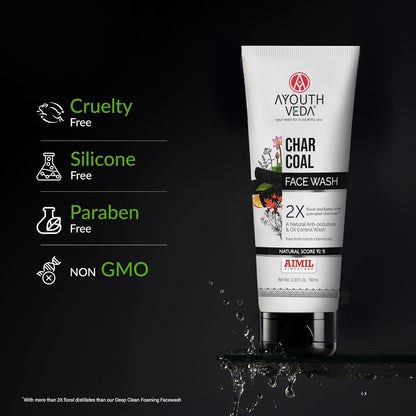Ayouthveda Activated Charcoal Face Wash | Bamboo Charcoal & Floral Distillates | Deep Cleansing, Anti-Pollution, Oil Control & Brightening | Ayurvedic Non-Drying Cleanser | Maintains Skin Moisture Balance | For Men & Women | 100ml (Pack of 1)