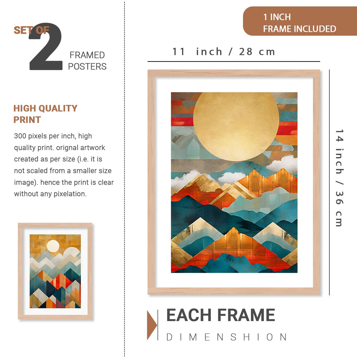 Wood Premium Digital Paintings With Frame For Home Decoration - Painting For Living Room Bedroom Office - Pack Of 4 (D)