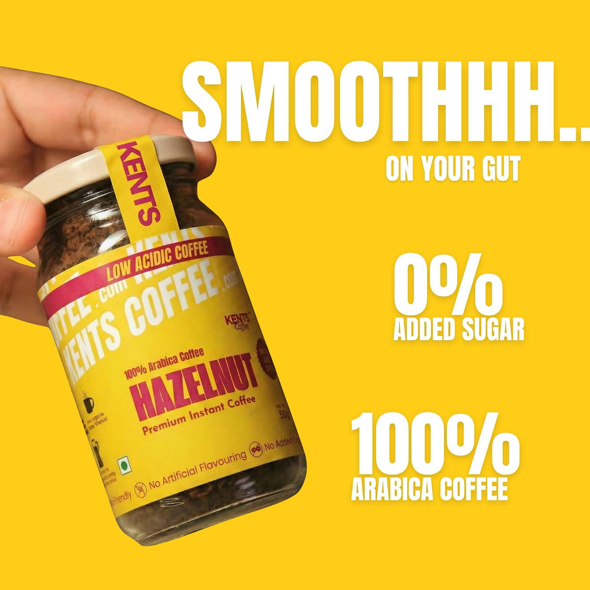 Kents Coffee Hazelnut Instant Coffee (50g) | 100% Arabica Coffee from Chikmagalur | Low Acid Coffee for No Acid Reflux | Real Hazelnut Flavour with No Added Sugar & No Artificial Flavours | Hot & Cold Coffee