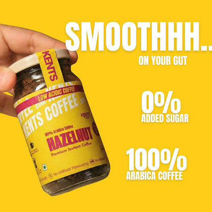 Kents Coffee Hazelnut Instant Coffee (50g) | 100% Arabica Coffee from Chikmagalur | Low Acid Coffee for No Acid Reflux | Real Hazelnut Flavour with No Added Sugar & No Artificial Flavours | Hot & Cold Coffee