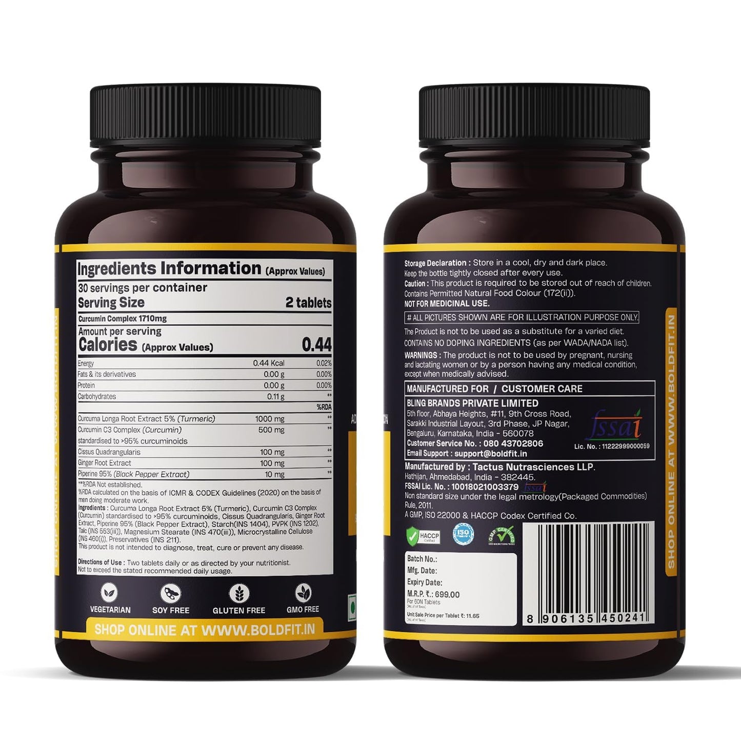 Boldfit C3 Complex Curcumin Tablets 1710mg with 95% Piperine Turmeric ,Curcuma Longa and Ginger Extract Supports Joint Health Inflammation Care and Mobility Plant Based Herbal Supplement for Daily Wellness- 60 Veg Tablets