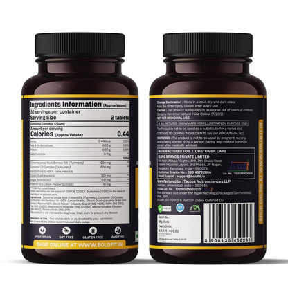 Boldfit C3 Complex Curcumin Tablets 1710mg with 95% Piperine Turmeric ,Curcuma Longa and Ginger Extract Supports Joint Health Inflammation Care and Mobility Plant Based Herbal Supplement for Daily Wellness- 60 Veg Tablets