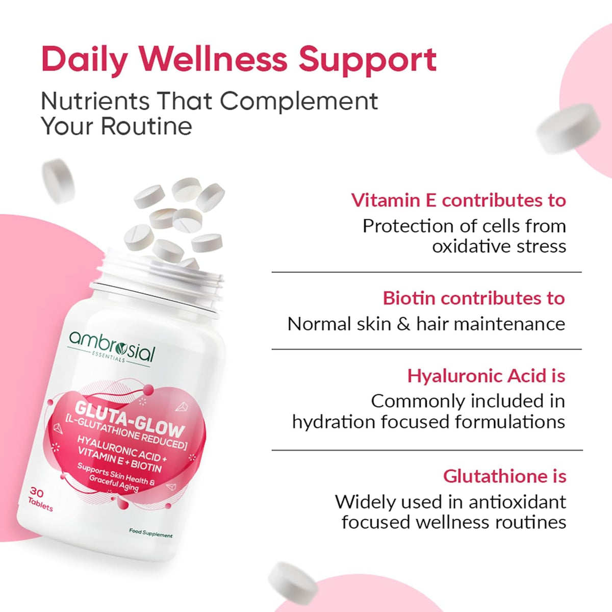 Vitamins with text about daily wellness support and benefits on a pink background