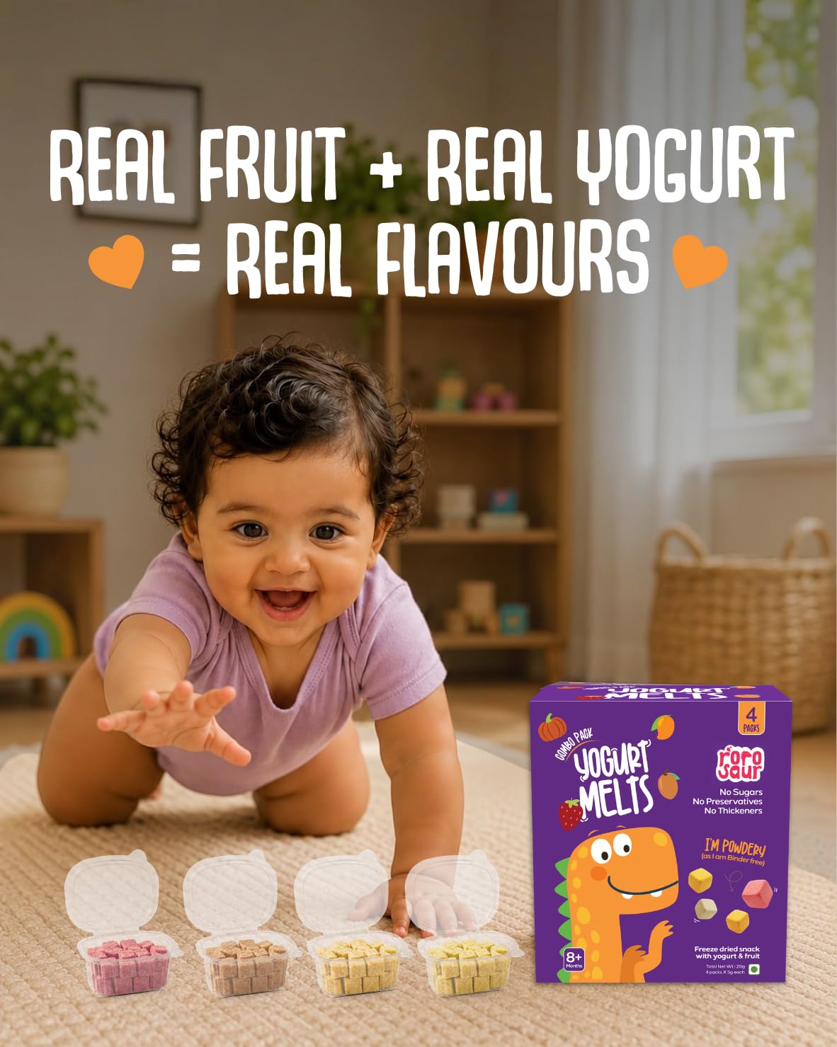 Rorosaur Baby Snacks - Melts with Yogurt and Fruit & Veggie for 8+ Months | Mango, Chickoo, Strawberry, Pumpkin | Finger Food for Toddlers | No Sugars, No Preservatives, No Binders | 4 Variants 5g each