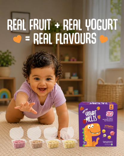 Rorosaur Baby Snacks - Melts with Yogurt and Fruit & Veggie for 8+ Months | Mango, Chickoo, Strawberry, Pumpkin | Finger Food for Toddlers | No Sugars, No Preservatives, No Binders | 4 Variants 5g each