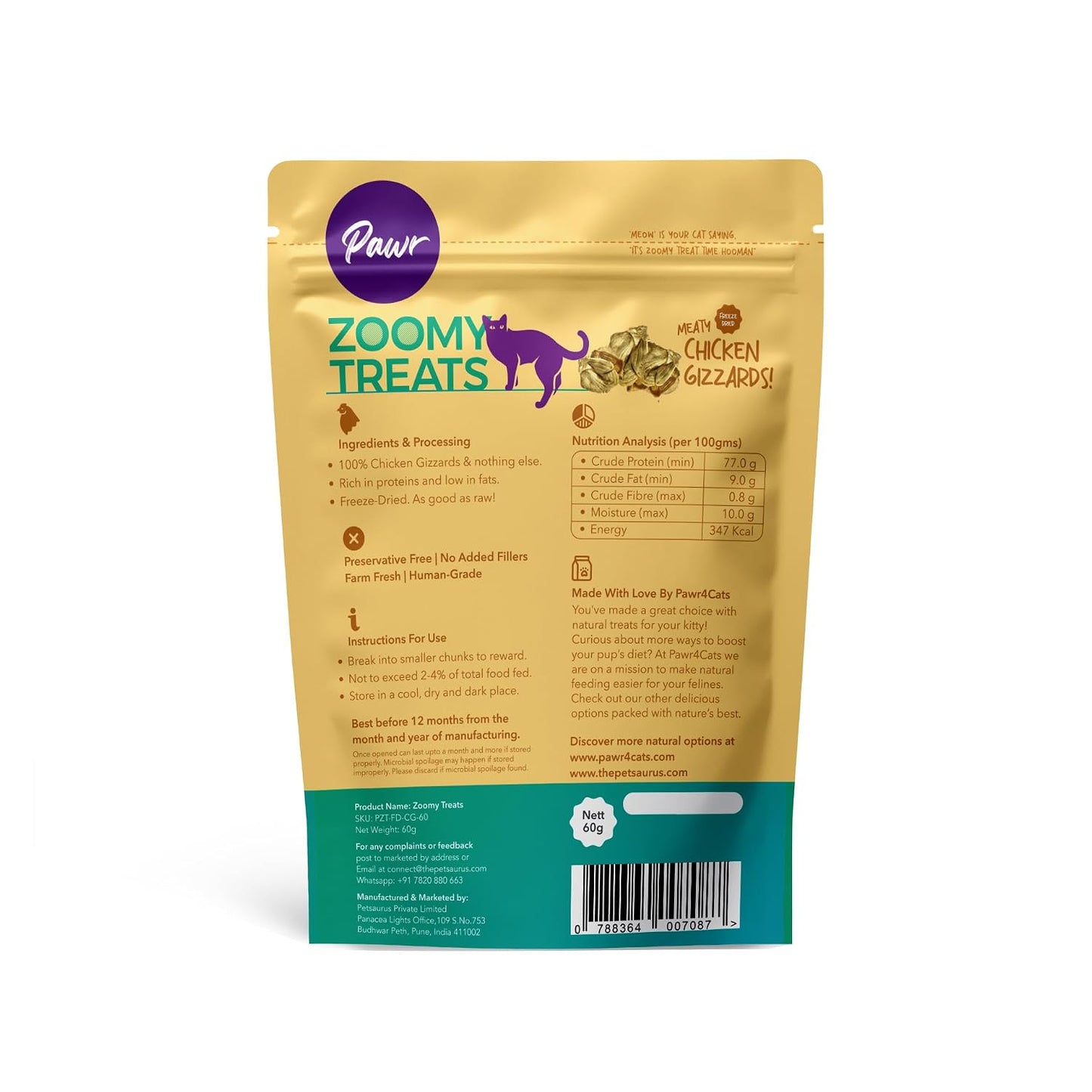 Pawr4Cats | Chicken Gizzards Zoomy Treats | Freeze-Dried | Rich in Lean proteins | No Preservative | Use as Treat or Food Topper | 45 GMS,All Life Stages