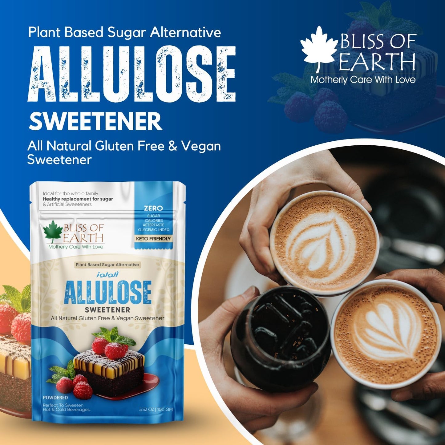 Bliss of Earth Allulose Sweetener 100gm Zero Calorie Keto Sweetener | Natural Sugar Substitute | Zero Glycemic Allulose Powder | Non-GMO, Vegan | Ideal for Baking & Beverages