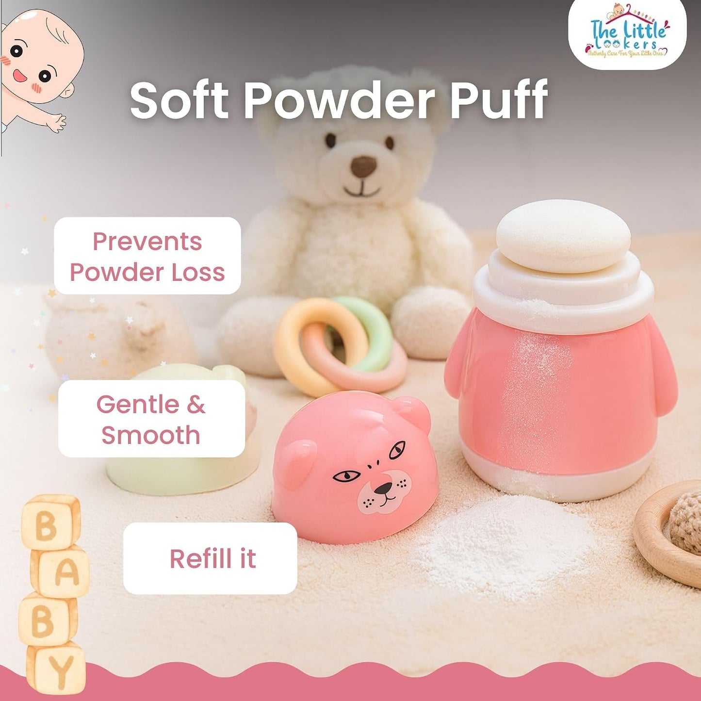 THE LITTLE LOOKERS Portable Baby Skin Care Baby Powder Puff With Box Holder Container For New Born & Kids For Baby Face & Body (Pink-White)