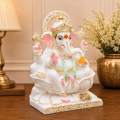 White Marble Dust Ganesh Idol 6 Inch – White Ganpati Bappa Murti for Home Temple, Living Room, Office Decor & Spiritual Gift