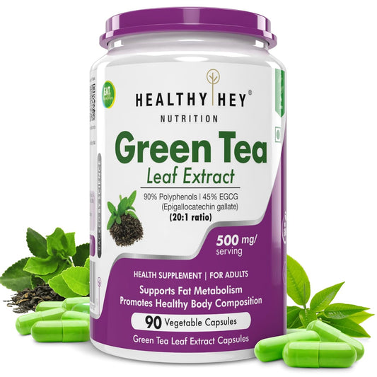 Green Tea Leaf Extract supplement container with green tea leaves and capsules on a white background