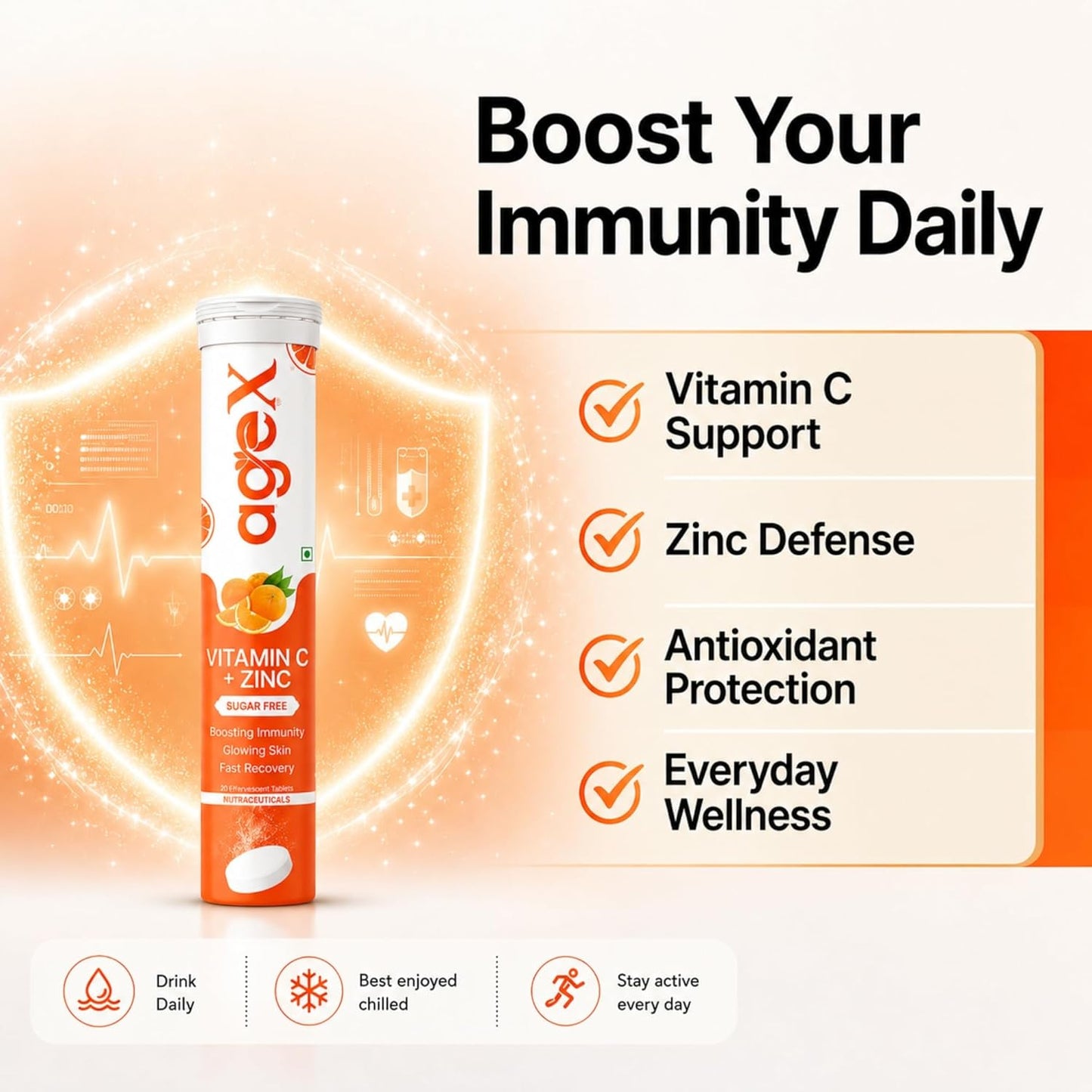 Vitamin C+Zinc Effervescent Tablets | Natural Amla Extract 1000mg + Vit C 80mg + Zinc 10mg | Immunity Booster for Skin, Hair & Nails | Supports Collagen Production |Orange Flavour | Sugar-Free | 20 Effervescent Tablets (Pack of 1)