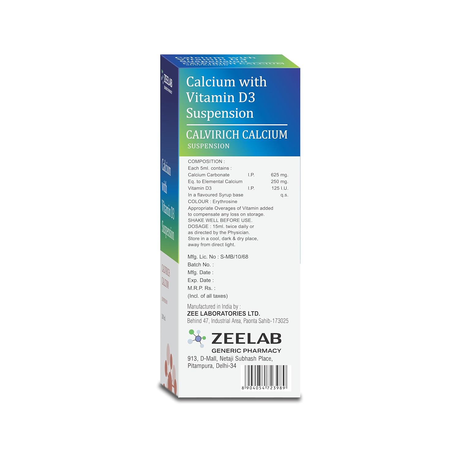 Box of Calcium with Vitamin D3 Suspension by Zeelab on a white background