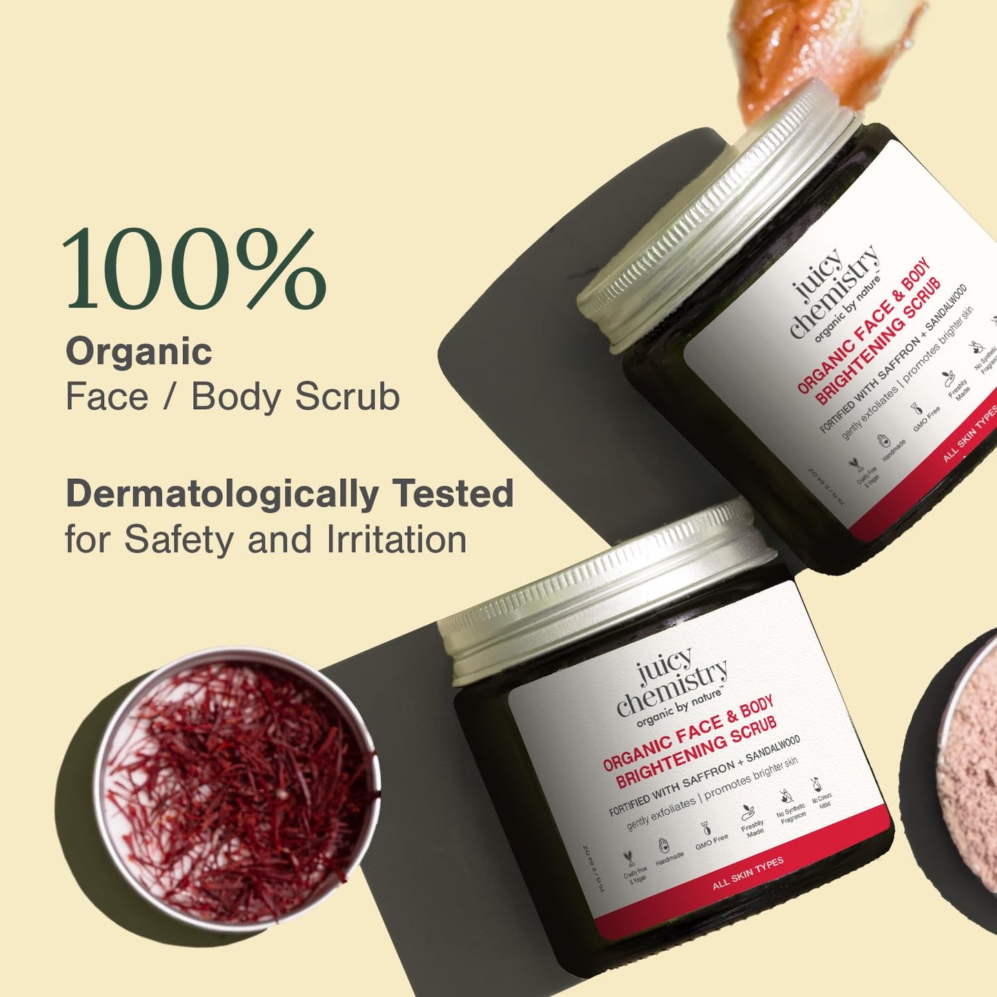 Juicy Chemistry Face & Body Brightening Scrub with Saffron & Sandalwood, 75g | Organic Exfoliating Scrub for Glowing Skin | Gently Removes Dead Skin Cells | Smoothens Skin Texture | Brightens Skin | Dermatologically Tested