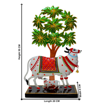 Kamdhenu Cow with Calf Idol for Home Decoration Items for Living Room, Tealight Candle Holder for Pooja Room, Handpainted Rajasthani Showpiece, Wedding Anniversary House Warming Gifts