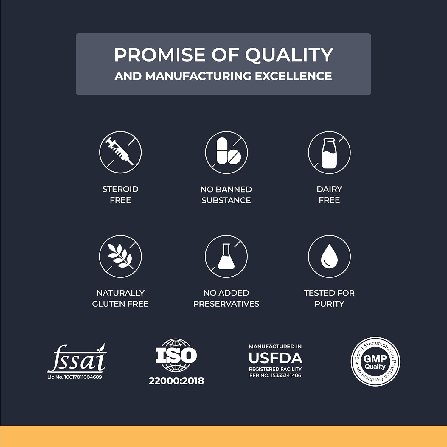 Quality and manufacturing excellence icons with corresponding labels on a dark background