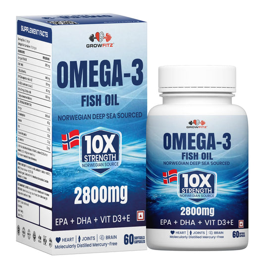 Growfitz Omega 3 Fish Oil (60 Softgels) | 2800 Mg | 10X Strength for Men & Women | No Fishy Burps | Supports Heart, Brain, Joints, Skin | With EPA+, Vitamin D3 & Vitamin E | Omega3 Fishoil Supplement