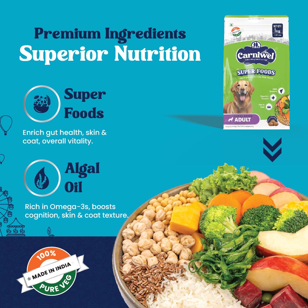 Carniwel Superfoods Adult Dry Dog Food 1 kg | 100% Vegetarian | Fresh & Natural Ingredients | Highly Palatable | GMO Free | Premium Nutrition for Large Dogs