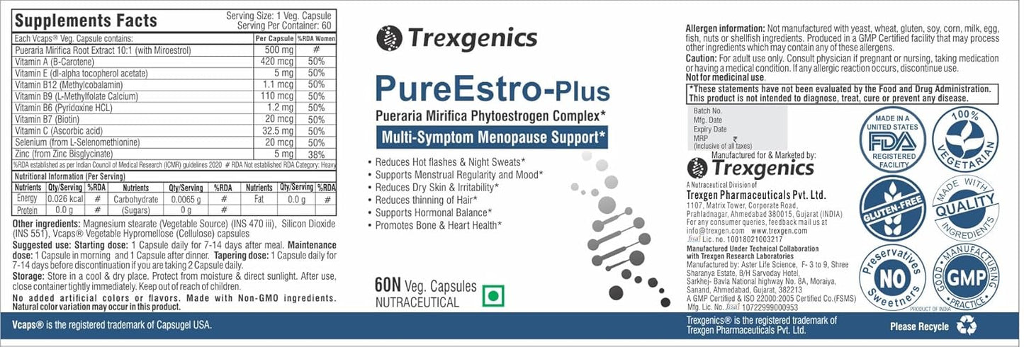 Supplement label for Trexegenics PureEstro-Plus with text and logos.