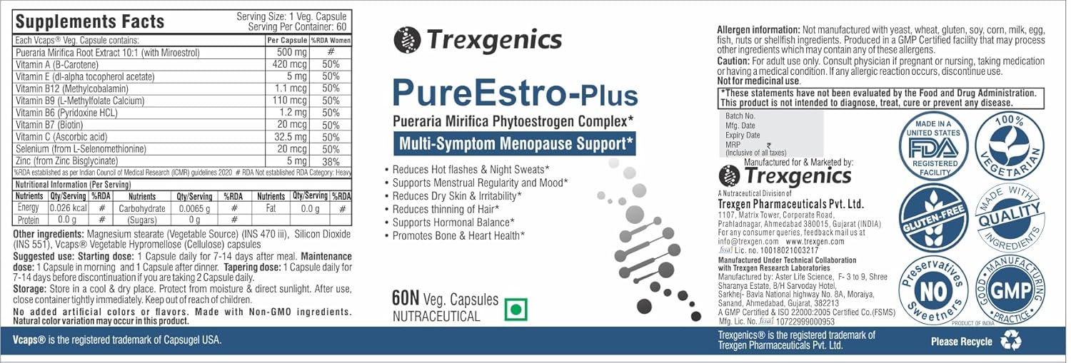 Supplement label for Trexegenics PureEstro-Plus with text and logos.