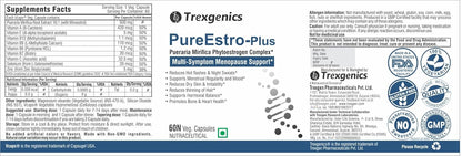 Supplement label for Trexegenics PureEstro-Plus with text and logos.