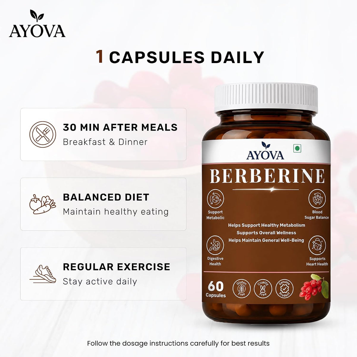 Berberine Capsules Supports Blood Sugar, Heart Health, Cholesterol Management, PCOS/PCOD | Berberine Supplement For Blood Sugar Control, Weight Management - 95% Pure Extract
