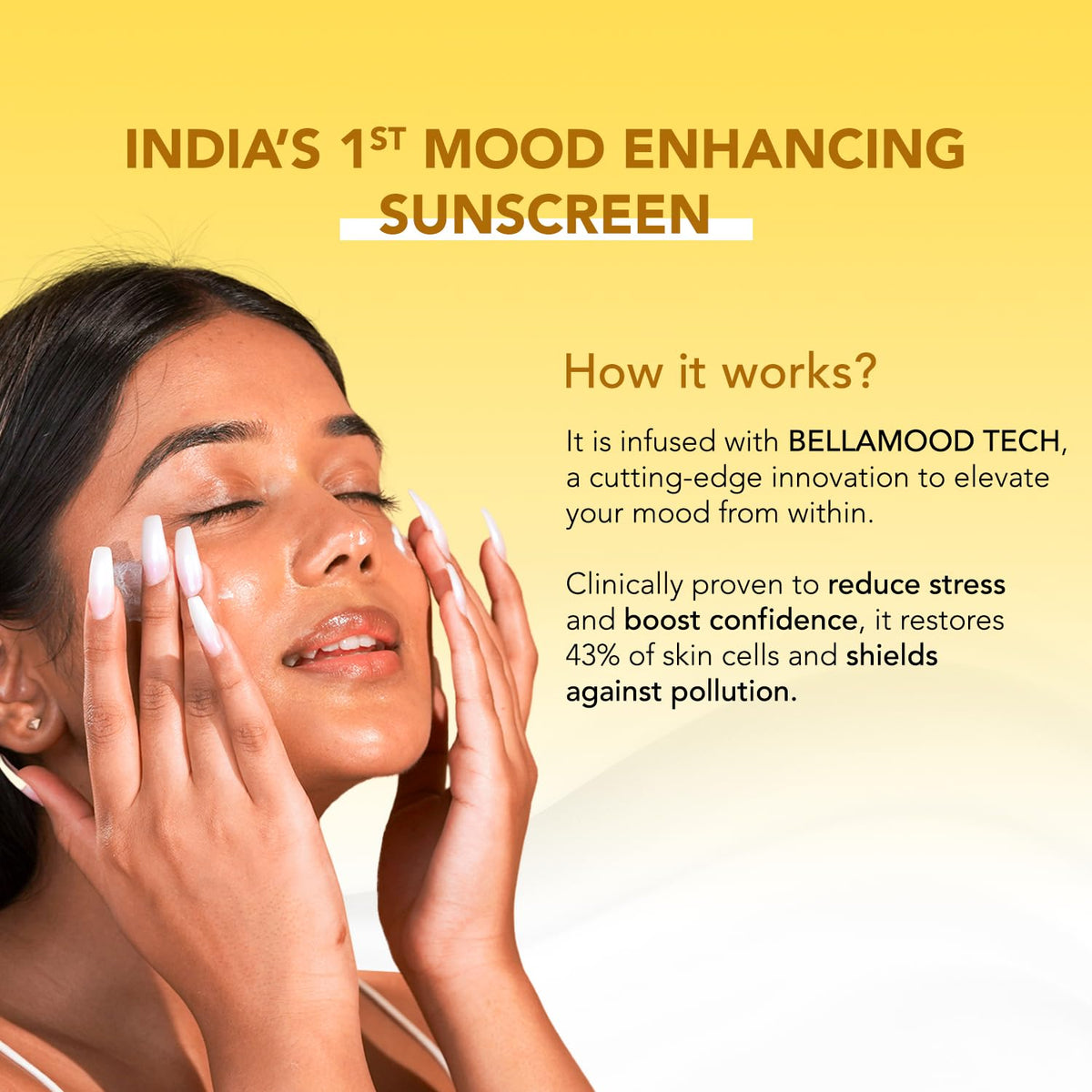 Woman applying sunscreen with text about 'India's 1st Mood Enhancing Sunscreen' on a yellow background