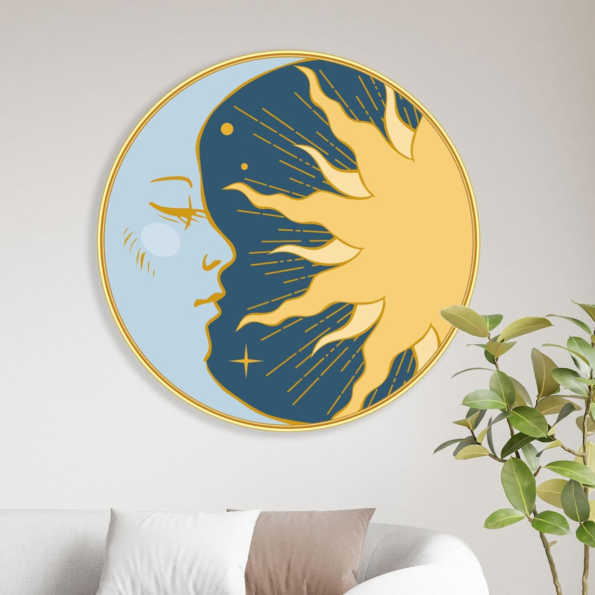 Sun and Moon modern art Premium Sparkle lamination Golden Slim Frame 50.8 cm x 50.8 cm Large Size, For Home/Office/Hotel painting GRL-36