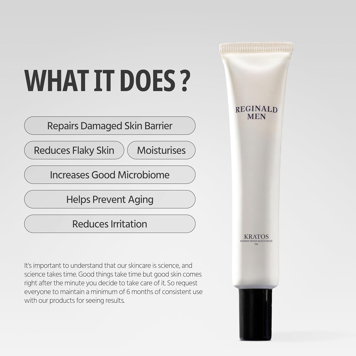 Skincare product with benefits listed on a gray background