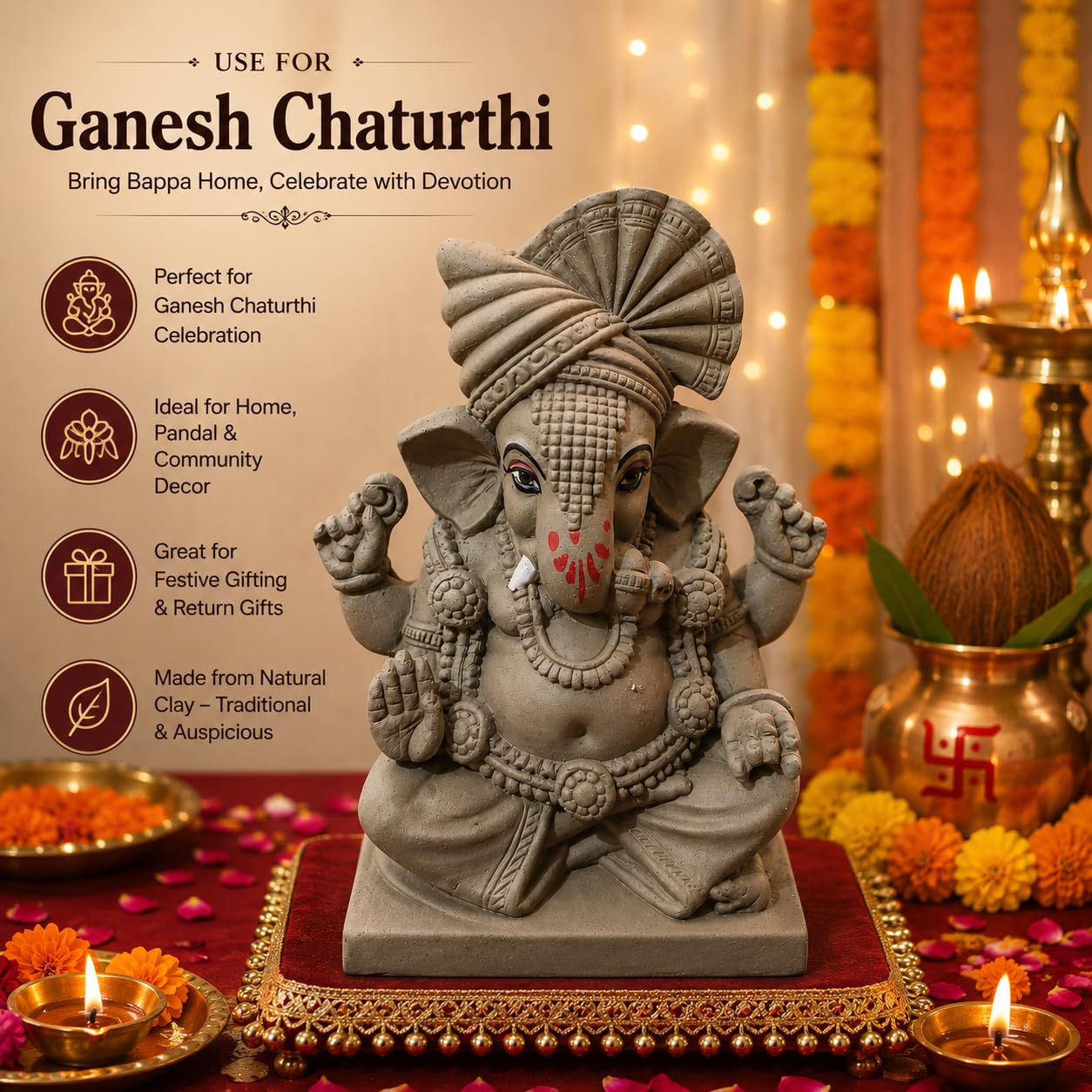 KSI 5.2 Inch Handmade Clay Ganesh Idol for Ganesh Chaturthi | Eco-Friendly Mitti Ganpati Murti | Traditional Pagdi Ganesha Idol for Home Decoration & Visarjan