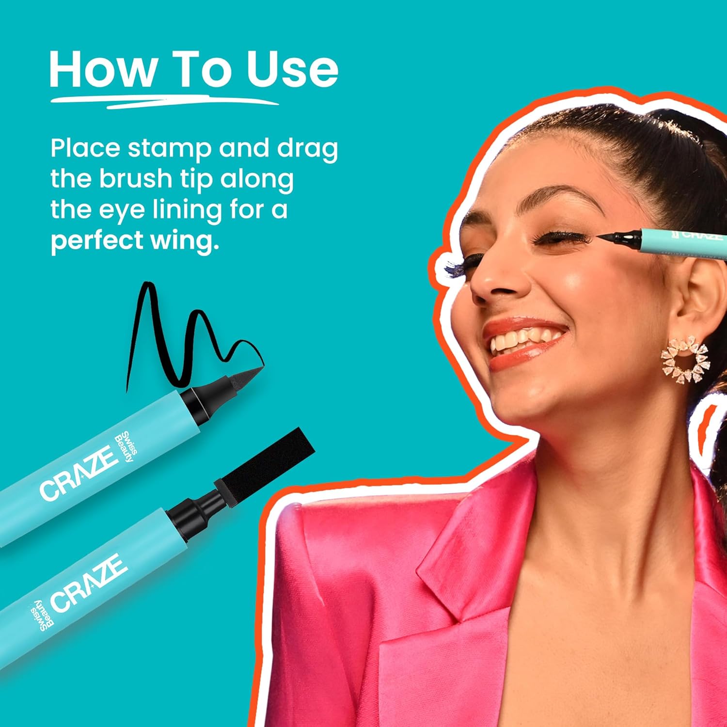 Craze eyeliner product with a woman applying it, on a teal background