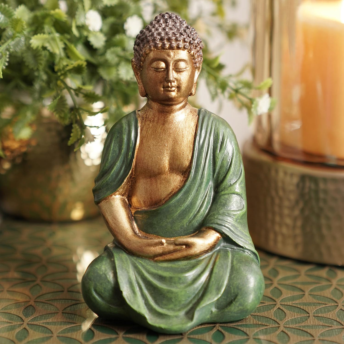 PURE HOME + LIVING Dark Green Antique Gold Polyresin Sitting Buddha - Small|Polyresin Decorative Statue for Home, Living Room, Office & Meditation Space|Peaceful Decor & Gift Item (Pack of 1)