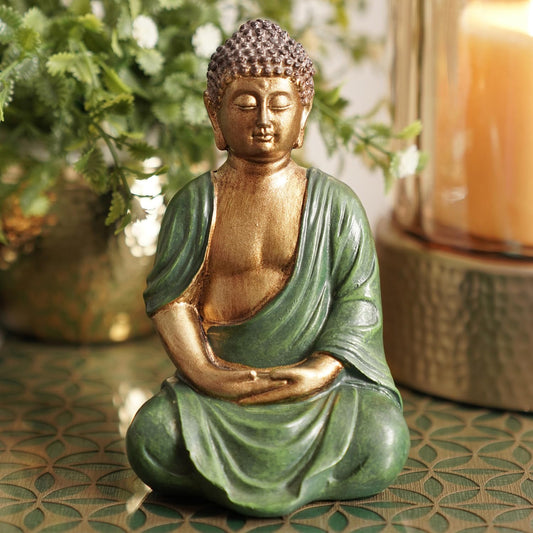 PURE HOME + LIVING Dark Green Antique Gold Polyresin Sitting Buddha - Small|Polyresin Decorative Statue for Home, Living Room, Office & Meditation Space|Peaceful Decor & Gift Item (Pack of 1)