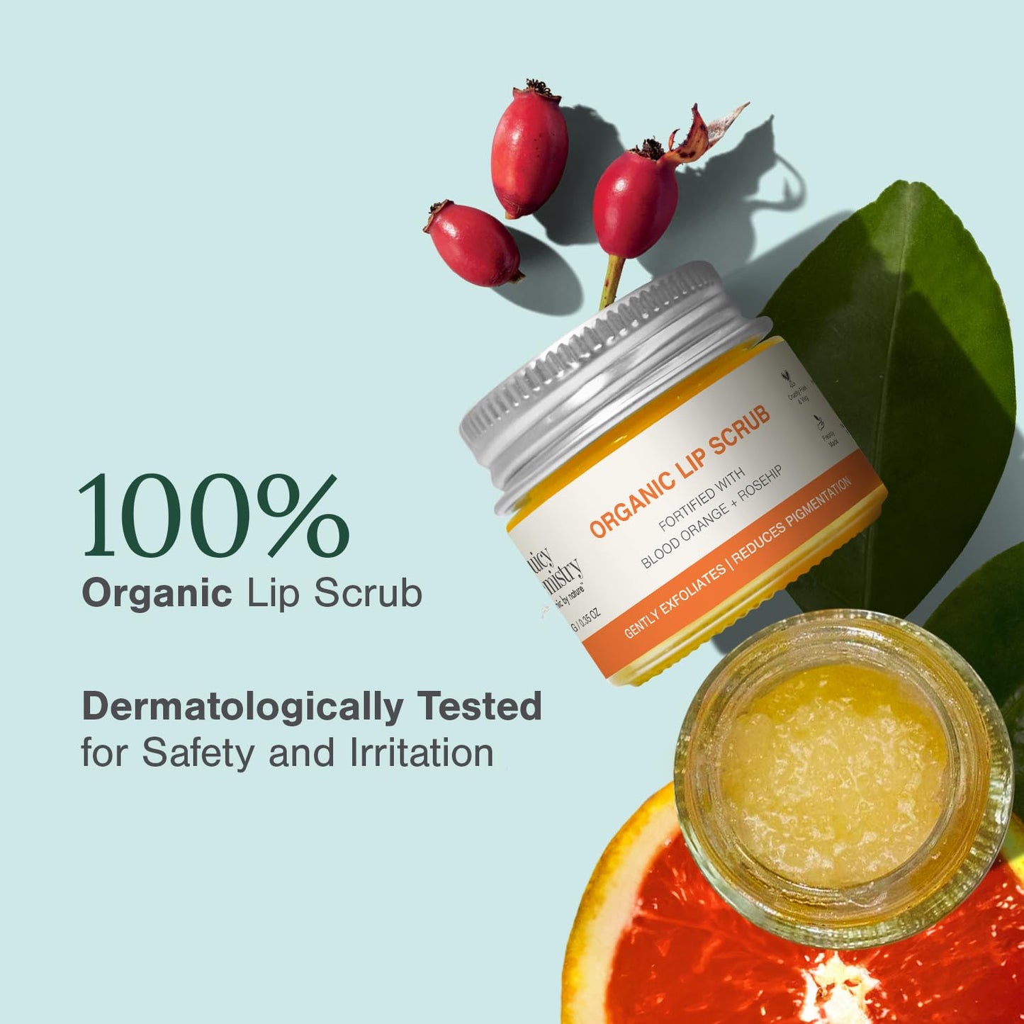 Juicy Chemistry Organic Lip Scrub with Blood Orange & Rosehip, 10 g | 100% Natural Exfoliating Lip Care | Brightens & Evens Lip Tone | Reduces Pigmentation | Dermatologically Tested | Certified Organic & Cruelty-Free