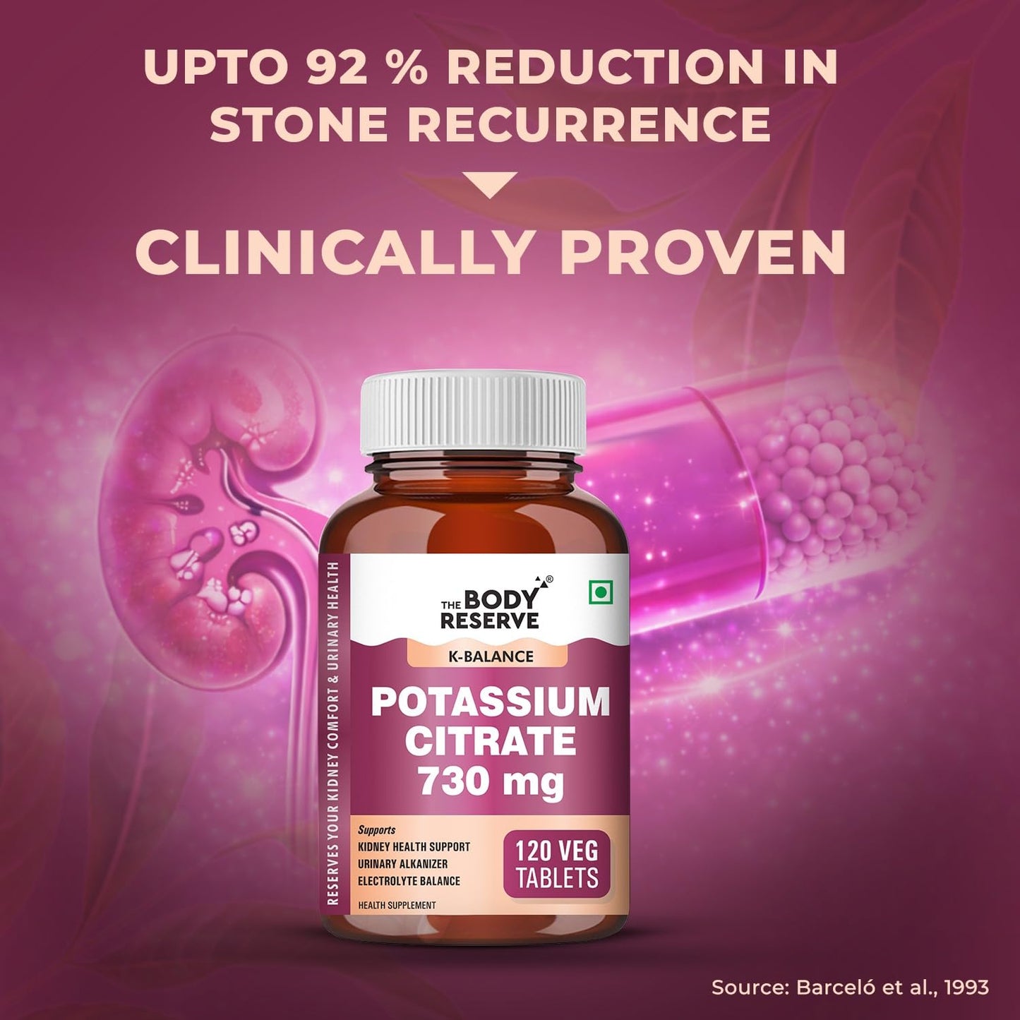 Body Reserve Potassium Citrate supplement bottle with kidney and stone illustration on a pink background
