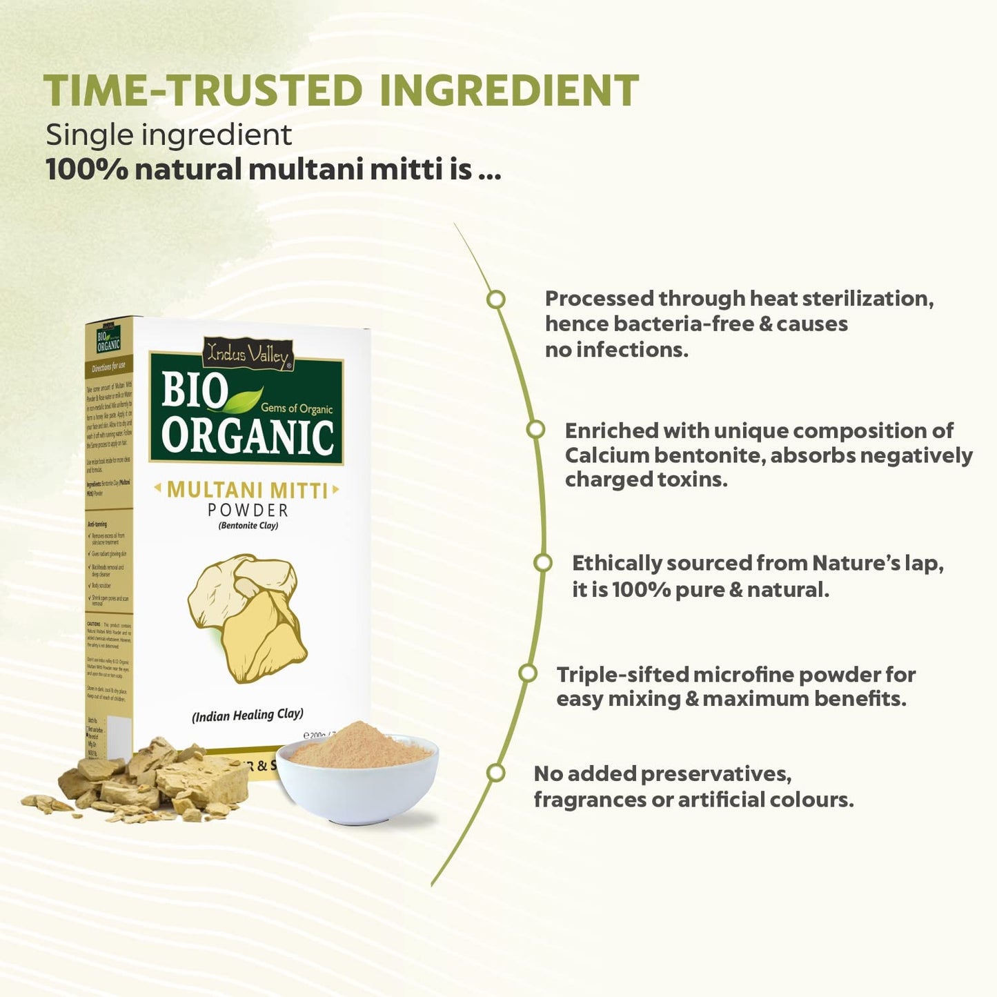 Bio Organic Multani Mitti Powder packaging with product details on a light green background
