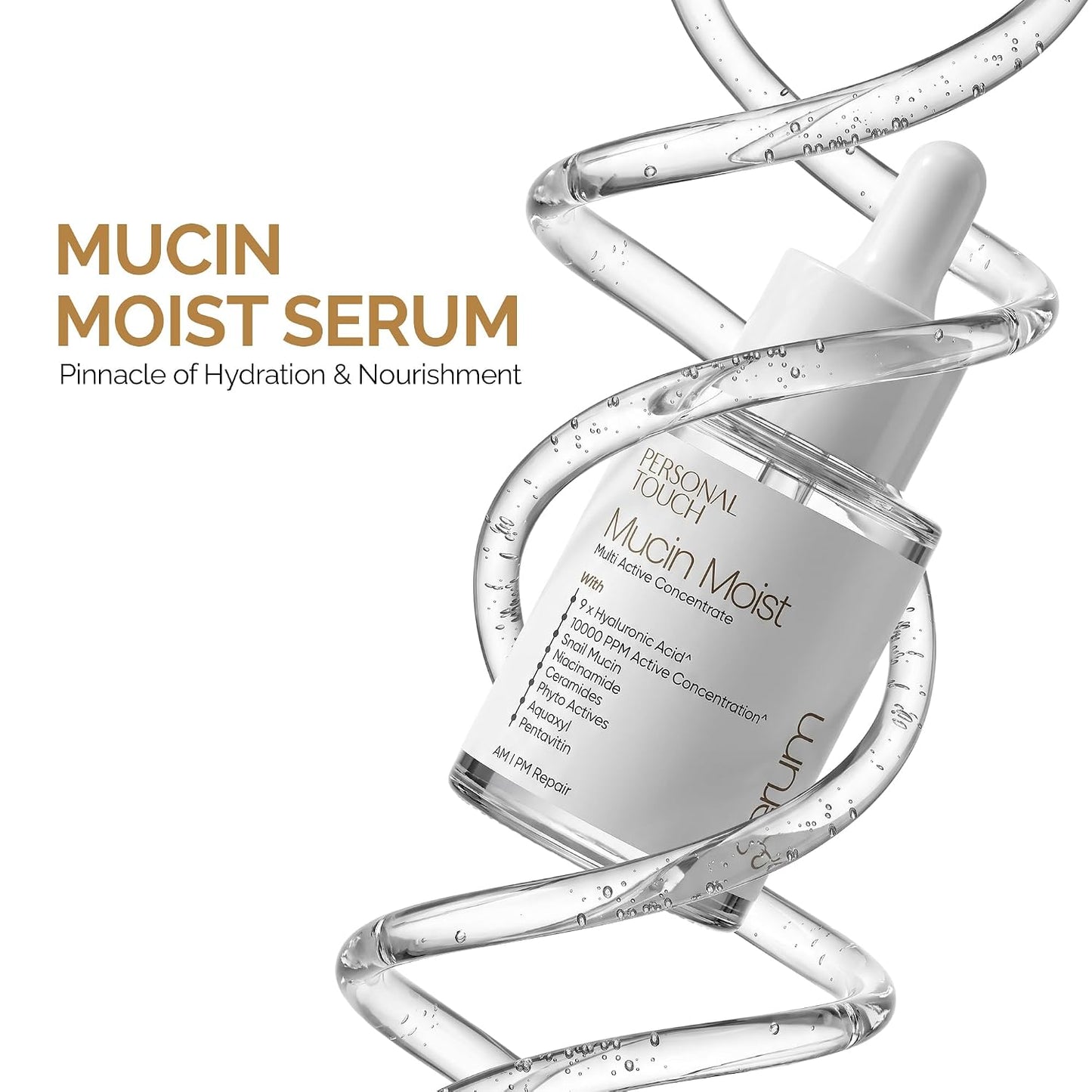 Personal Touch Mucin Moist Serum Cruelty Free - World’s 1st Snail Mucin With 9 Types of Hyaluronic Acid, Ceramides, Niacinamide | Korean Skincare | Dryness, Fine Lines, Skin Barrier Repair | 30ml