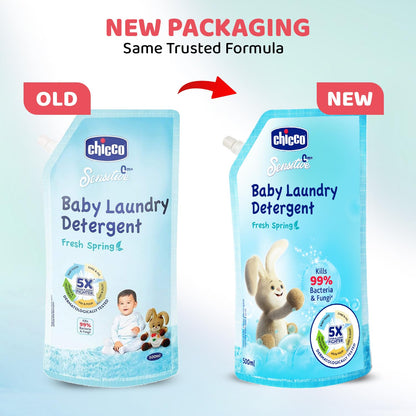 Chicco Baby Liquid Laundry Detergent, 5X Stain & Germ Fighter, Kills 99% of Germs, Dermatologically Tested, Effective & Gentle Cleaning, Fresh Springs, Refill pack (500 ML)