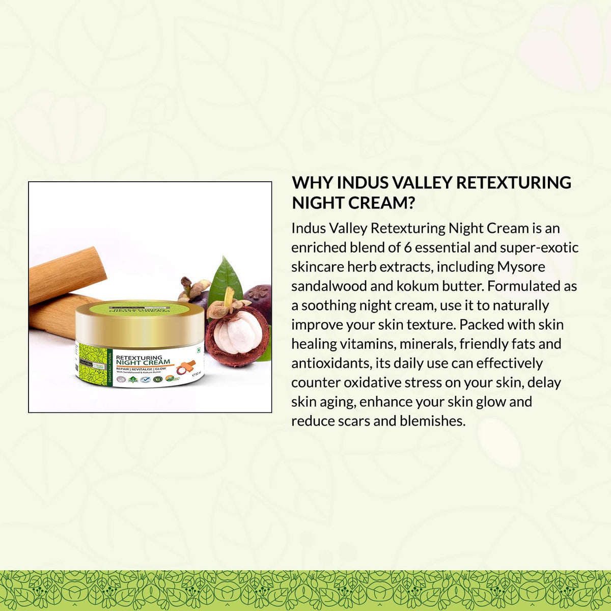 Indus Valley Retexturing Night Cream with product image and description on a light background