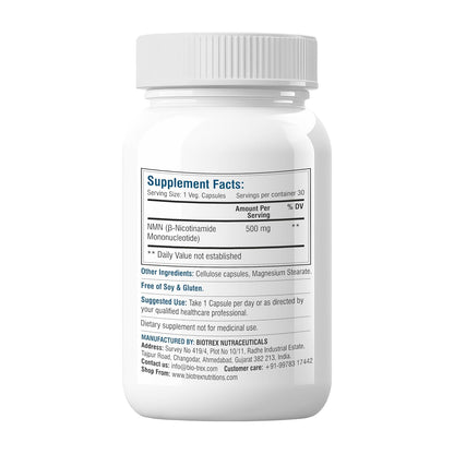 Biotrex Nutraceuticals NMN 500 Supplement, 99% High Purity, NAD Booster, Healthy Energy Levels & Skin Health - 30 Vegetarian Capsules