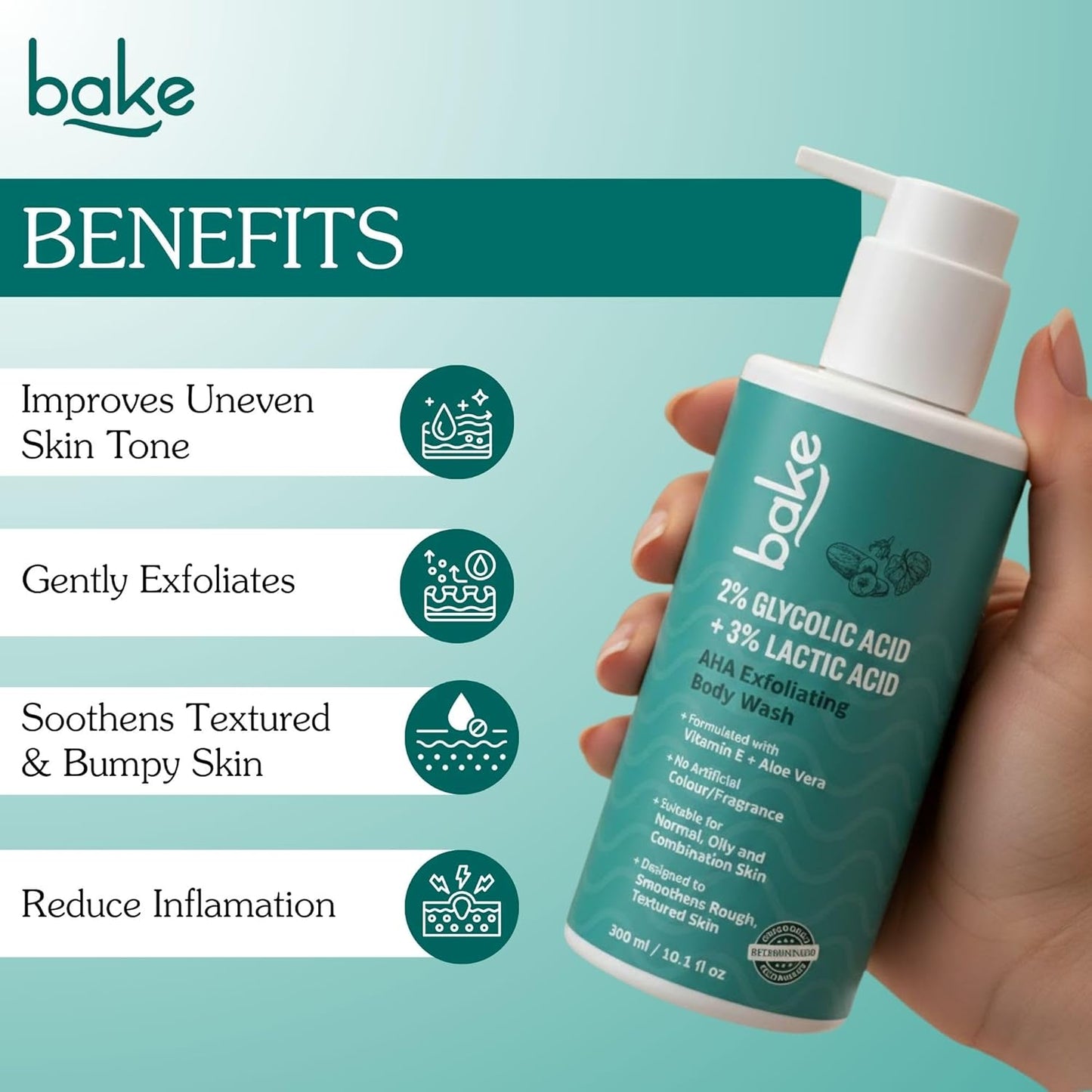 BAKE 2% Lactic & Glycolic Acid Body Wash for Tan Removal, Strawberry & Uneven Skin | Anti-Bacterial & Inflammatory | For Dry, Rough & Bumpy Skin | For Women & Men | 300ml