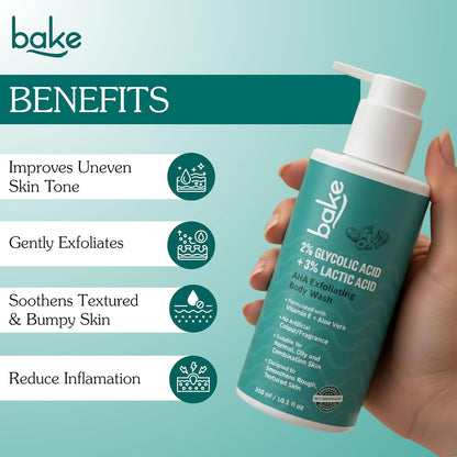 BAKE 2% Lactic & Glycolic Acid Body Wash for Tan Removal, Strawberry & Uneven Skin | Anti-Bacterial & Inflammatory | For Dry, Rough & Bumpy Skin | For Women & Men | 300ml